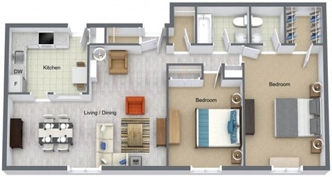 Floor plan for 2 beds, 1.5 baths, 1078 sqft